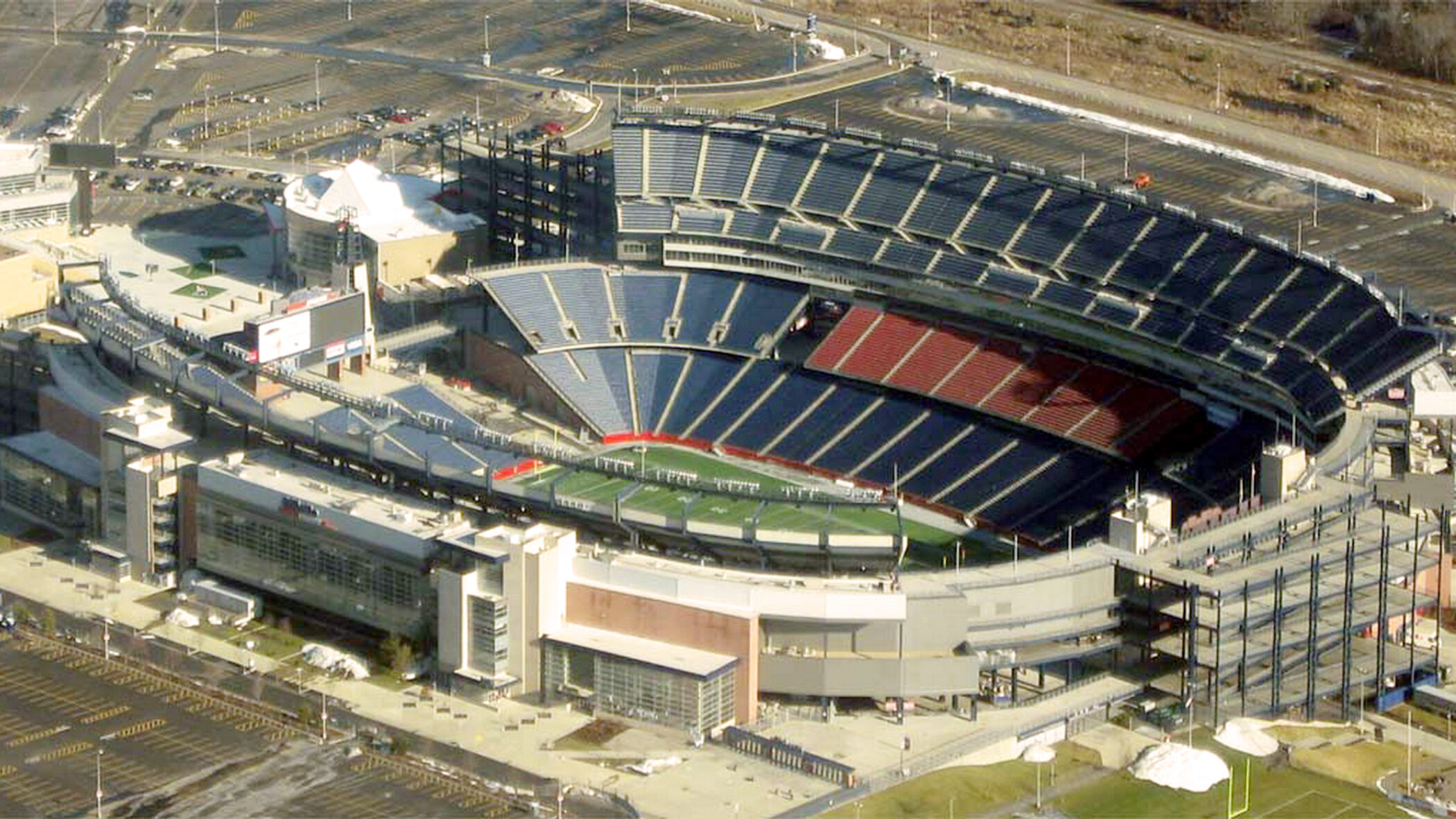 Aerial exterior view of Gillette Stadium in Foxborough, Massachusetts