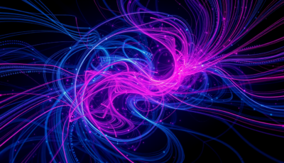 Abstract editorial render of interlocking turbulent vortex filaments with energy reversing direction, in cyan and magenta on black.