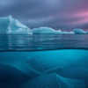 Abstract editorial render of fracturing sea ice over shallow polar shelf water with fading subsurface layers, in cyan tones.