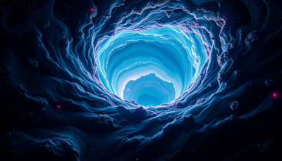 Abstract editorial render of a cone-shaped cavity carved in cosmic gas by an outflow from an unseen galactic center, in cyan and magenta on deep black.