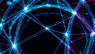 Abstract editorial render of glowing nodal-line geometry threading a dark crystalline lattice, in cyan and magenta on deep black.