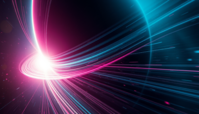 Abstract editorial render of luminous particle streaks accelerating around a giant planet's curved magnetic shock front.