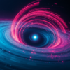 Abstract editorial render of a spiral disk of dust and gas sweeping around a single bright central star, in cyan and magenta on deep black.