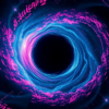 Abstract editorial photography: supermassive black hole event horizon in early universe, neon cyan and magenta cosmic atmosphere