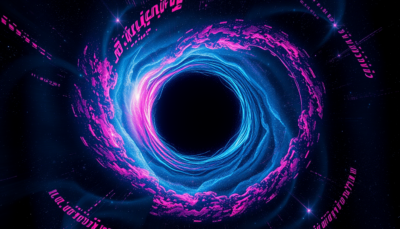 Abstract editorial photography: supermassive black hole event horizon in early universe, neon cyan and magenta cosmic atmosphere
