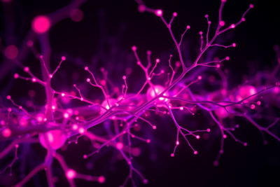 Abstract neural network connectome visualization — glowing synapse nodes and branching axon pathways in deep moody atmosphere