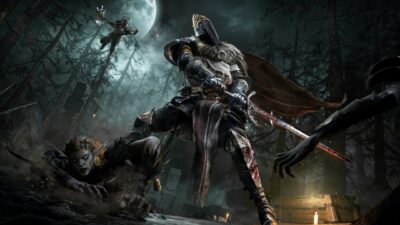 A Gyldhunter stands over a fallen enemy in a moonlit dark fantasy forest in Mistfall Hunter