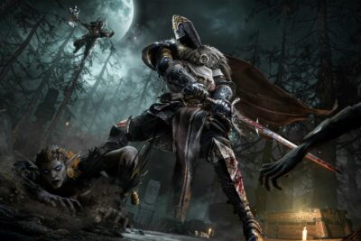 A Gyldhunter stands over a fallen enemy in a moonlit dark fantasy forest in Mistfall Hunter