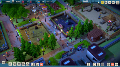 Isometric view of Monster Zoo Tycoon park with zombie exhibits and visitors