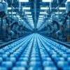 Robotic arms filling rows of blue and white capsules on a pharmaceutical clean-room production line