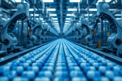 Robotic arms filling rows of blue and white capsules on a pharmaceutical clean-room production line