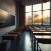 Editorial conceptual scene: an empty classroom at dusk, rows of vacant desks and golden light through tall windows, the phones cleared out of the school day.