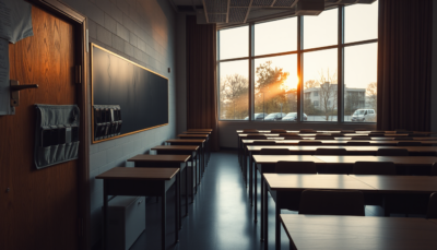 Editorial conceptual scene: an empty classroom at dusk, rows of vacant desks and golden light through tall windows, the phones cleared out of the school day.