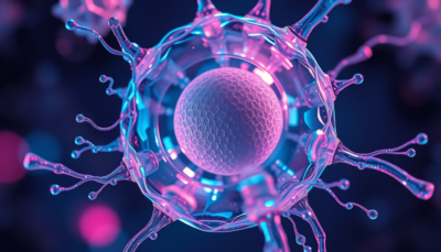Abstract editorial microscopy-style illustration of a calm translucent cell surrounded by quieting immune-cell filaments, in cyan and magenta.