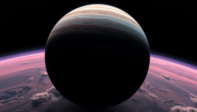 Abstract editorial illustration of a hot gas-giant planet, one hemisphere wrapped in translucent mineral-cloud bands and the other dark and clear, with cyan and magenta accents.