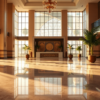 A luxury hotel lobby interior in Southeast Asia with marble floors catching warm morning light through tall windows