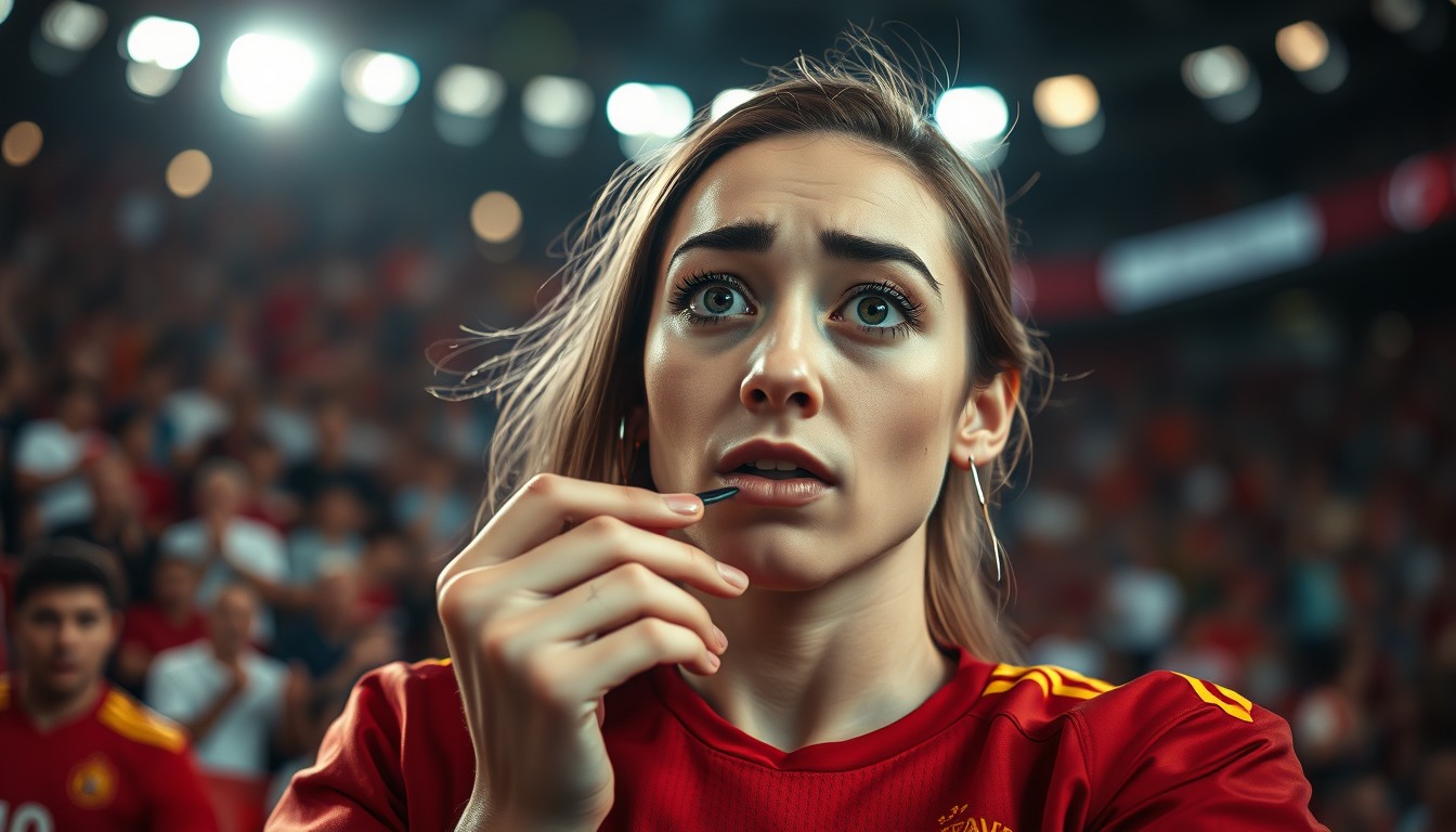 A Spain football fan in a red jersey biting her nails in the stands during the final minutes