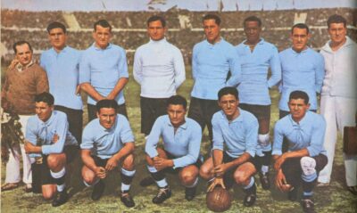 The Uruguay national football team — the celeste-shirted side whose century of identity the piece is built on.