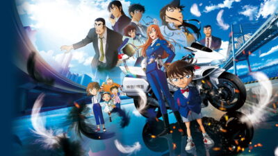 Key visual for Takahiro Hasui's Detective Conan: Fallen Angel of the Highway, with Conan and the Kanagawa police motorcycle division against the Yokohama Bay Bridge.