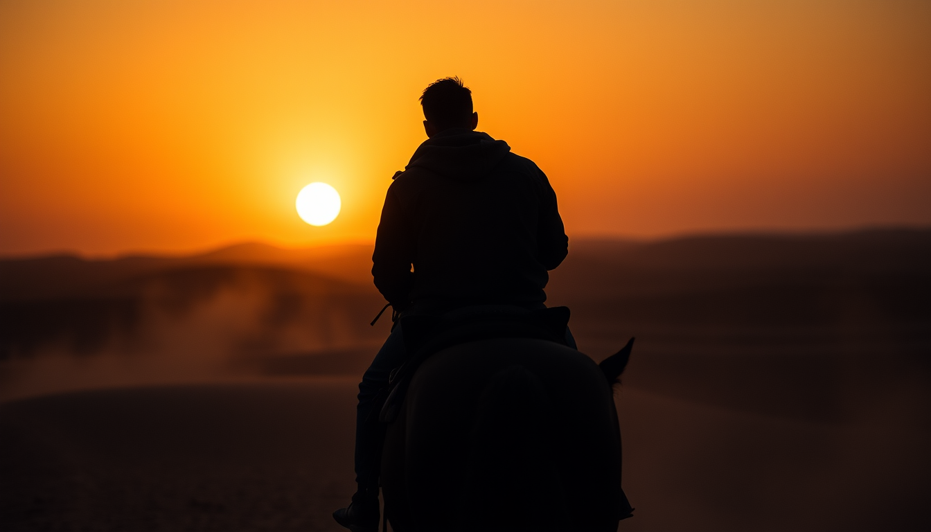 Solitary rider on horseback silhouetted against desert horizon at dusk, horse turned sideways