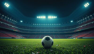 A football on the pitch of a floodlit World Cup stadium at night