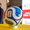 The official FIFA World Cup 2026 match ball, the adidas Trionda, on a stand at a tournament reception.