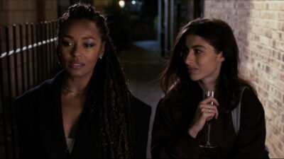 Melanie Liburd and Nina Pons on a night-time London street in Flaminia Graziadei's A Year in London