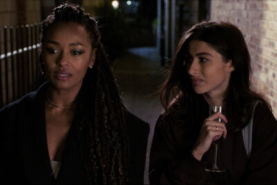 Melanie Liburd and Nina Pons on a night-time London street in Flaminia Graziadei's A Year in London
