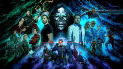 Ensemble key art for Avengers: Doomsday, with Robert Downey Jr.'s masked Doctor Doom at the center of the Avengers, Fantastic Four and X-Men, directed by the Russo brothers.
