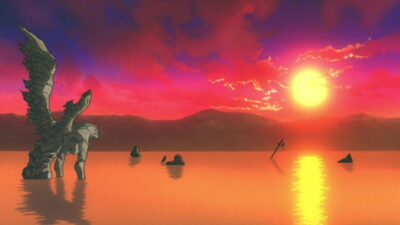 A still from Hideaki Anno's EVANGELION: DEATH (TRUE)², a winged statue standing in a still orange sea beneath a blood-red sunset.