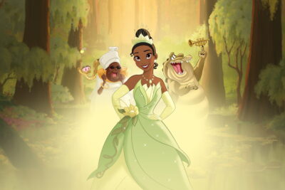 Tiana in her green gown with Mama Odie and Louis the alligator in the bayou, from Disney's animated The Princess and the Frog