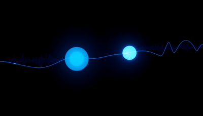 Three luminous AI model orbs floating in dark void with voice waveform ribbons — editorial illustration