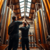 Two brewery workers inspecting tall stainless steel fermentation tanks inside a modern craft brewery, warm industrial lighting