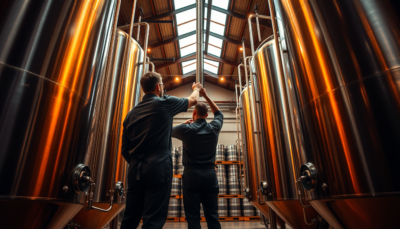 Two brewery workers inspecting tall stainless steel fermentation tanks inside a modern craft brewery, warm industrial lighting