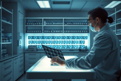 Anonymous scientist examining brain scan slides in a pharmaceutical research laboratory
