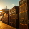 Stacked shipping containers at a European port under golden hour light, illustrating the EU-US trade framework