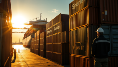 Stacked shipping containers at a European port under golden hour light, illustrating the EU-US trade framework