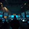 Anonymous traders silhouetted against glowing workstation screens on an investment banking trading floor