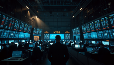 Anonymous traders silhouetted against glowing workstation screens on an investment banking trading floor