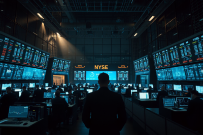 Anonymous traders silhouetted against glowing workstation screens on an investment banking trading floor