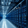 Server room interior with illuminated rack infrastructure in a corporate data center