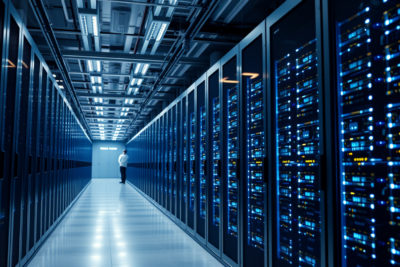 Server room interior with illuminated rack infrastructure in a corporate data center