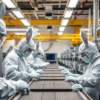 Workers in protective clean-room suits inspect silicon wafers on a semiconductor production line