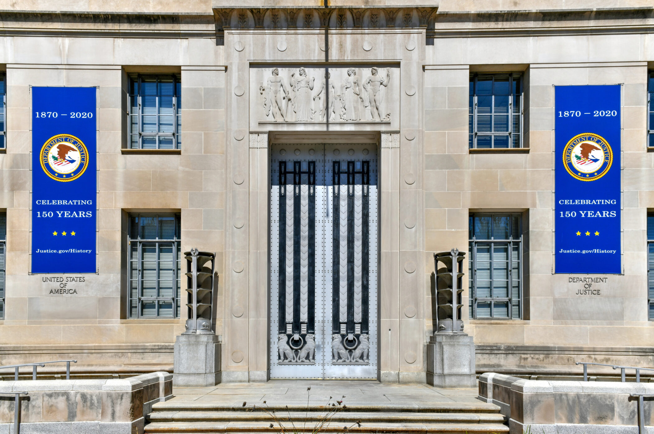 Entrance to the United States Department of Justice building in Washington, D.C.