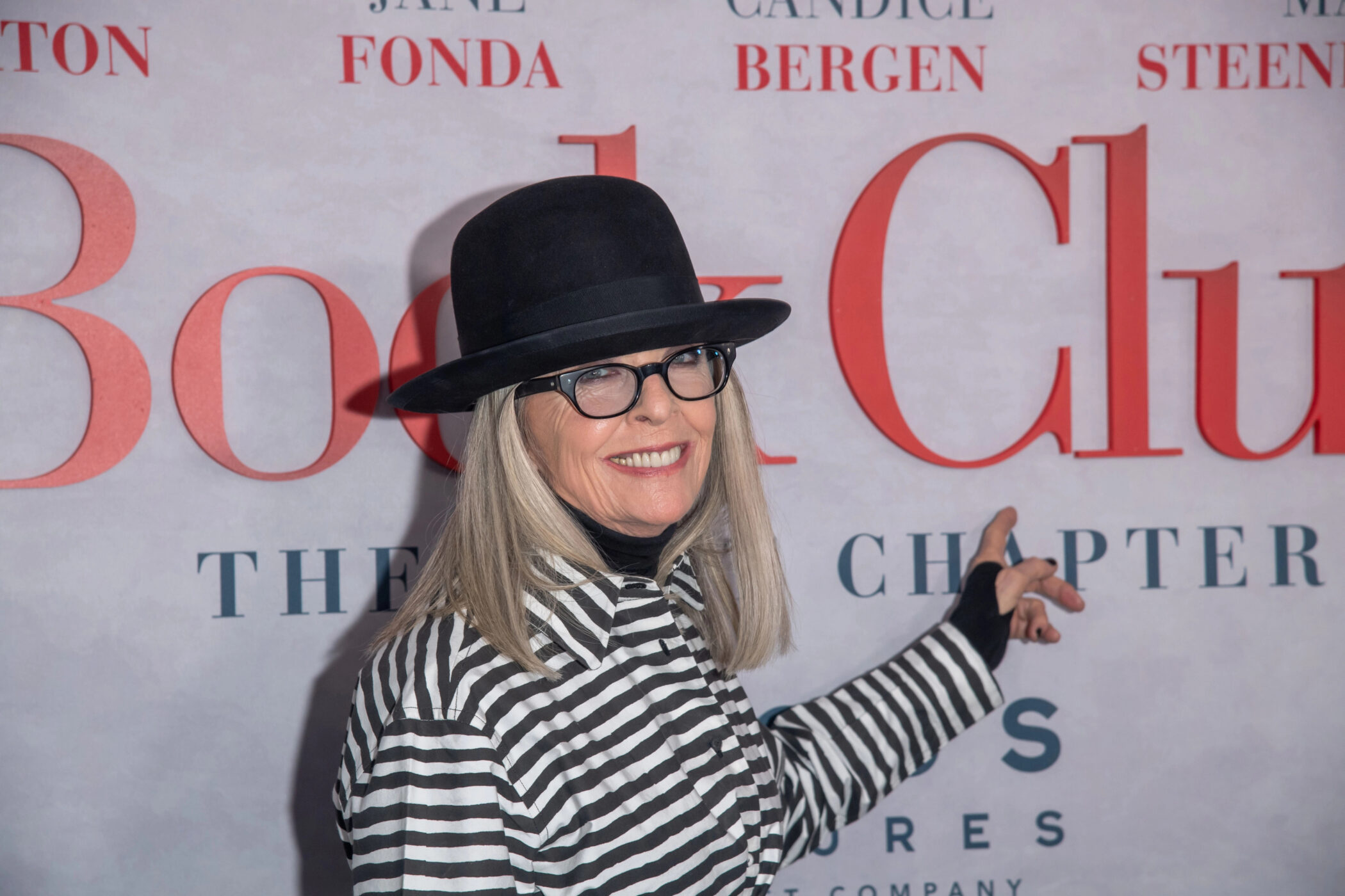 Diane Keaton in her trademark bowler hat and striped shirt at the Book Club: The Next Chapter premiere in New York