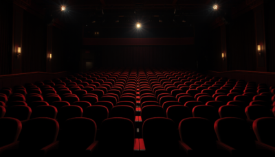 Empty awards theater with vacant velvet seats under a single theatrical spotlight