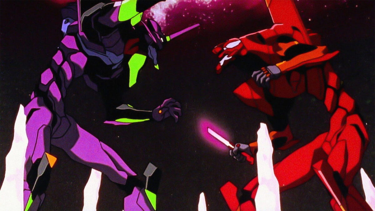 A still from EVANGELION DEATH TRUE 2 directed by Hideaki Anno, two Evangelion units facing off (1998)