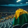 A Brazil supporter draped in a yellow and green flag sits dejected in the stands as the World Cup ends for the team