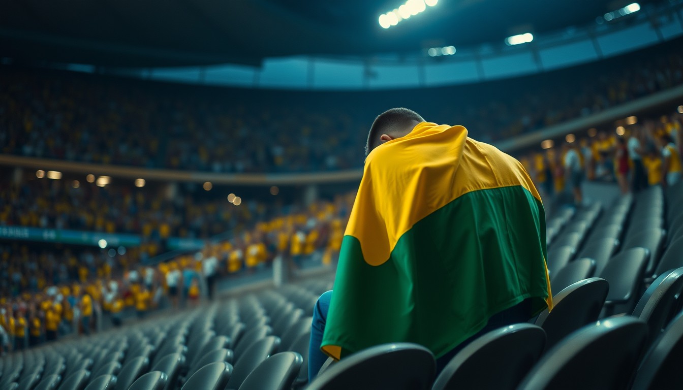 A Brazil supporter draped in a yellow and green flag sits dejected in the stands as the World Cup ends for the team