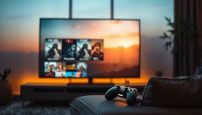 A living-room TV screen at dusk showing a unified interface where a film poster row dissol